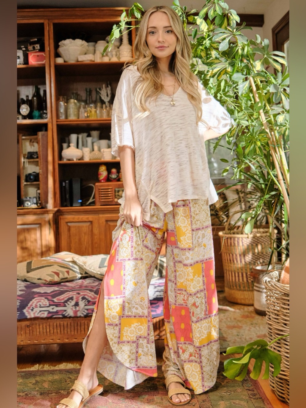 And The Why Printed Smocking Waist Side Slit Wide Leg Pants